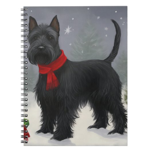 スコティッシュ・テリアの犬と雪のクリスマス ノートブック (正面)