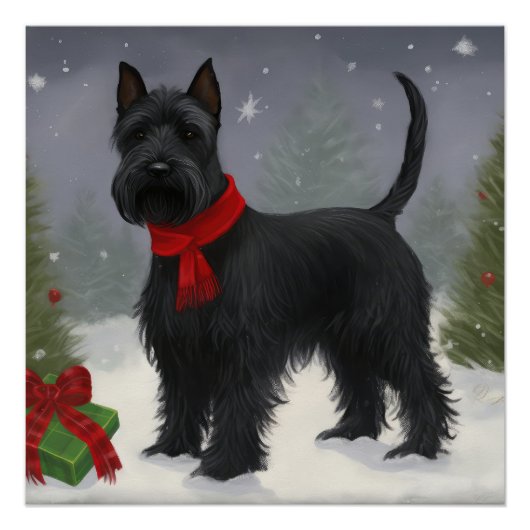 スコティッシュ・テリアの犬と雪のクリスマス ポスター (正面)