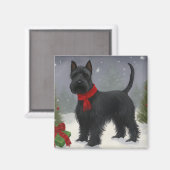 スコティッシュ・テリアの犬と雪のクリスマス マグネット (正面/裏面)