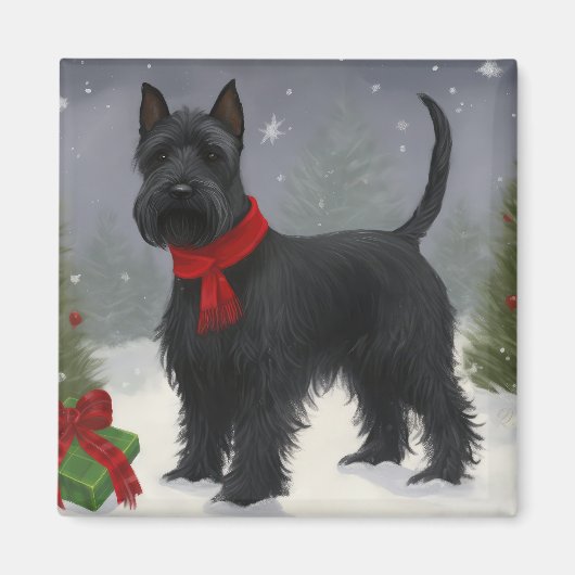 スコティッシュ・テリアの犬と雪のクリスマス マグネット (正面)