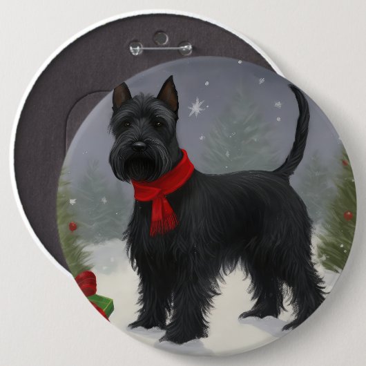 スコティッシュ・テリアの犬と雪のクリスマス 缶バッジ (正面&裏面)