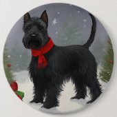 スコティッシュ・テリアの犬と雪のクリスマス 缶バッジ (正面)