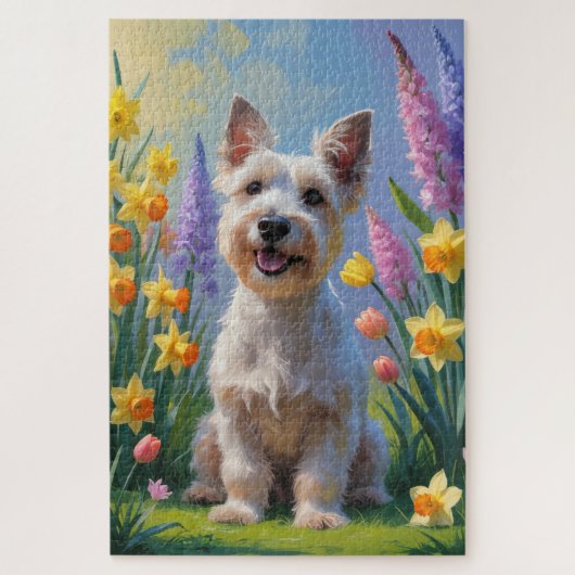 スコティッシュ・テリア 春の花の絵画 ジグソーパズル (縦)