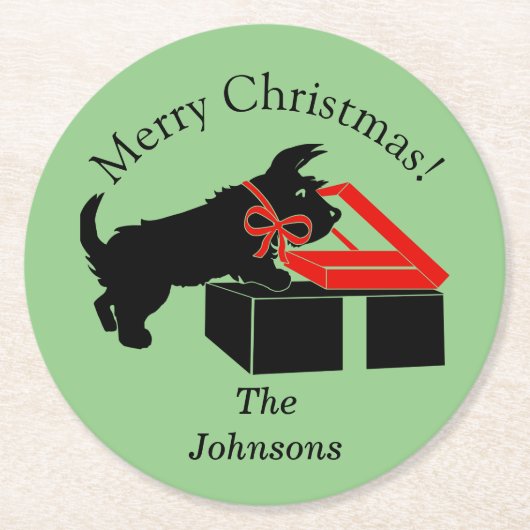 スコティドッグクリスマス紙パーティー飲み物用コースター ラウンドペーパーコースター (正面)