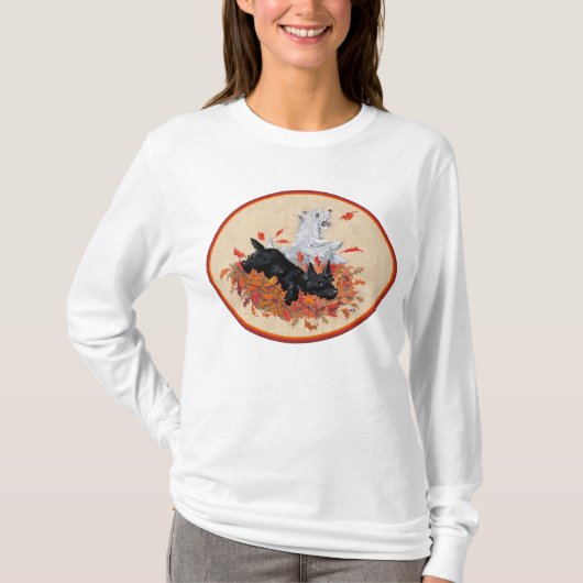 スコティー&ウエストハイランド・ホワイト・テリア 落葉 Tシャツ (正面)