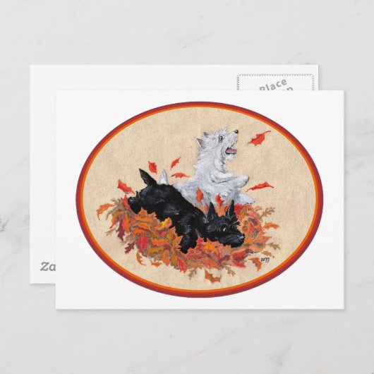 スコティ&ウェスティー落ちた葉ズ ポストカード (正面/裏面)