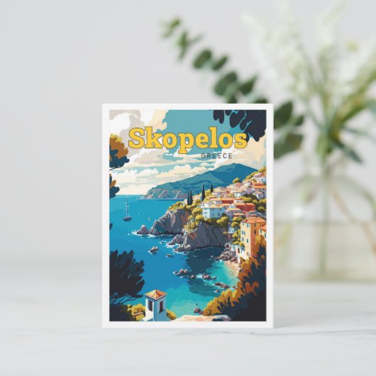スコペロスギリシャトラベルアートヴィンテージイラストレーション ポストカード (スタンド正面)