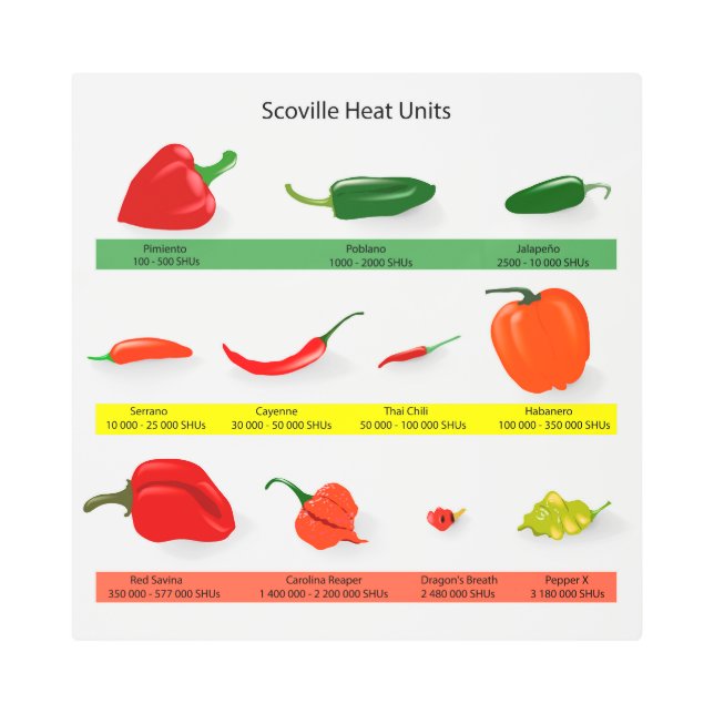 スコヴィル熱単位チャート – スパイシーペッパー・ガイド メタルプリント (正面)