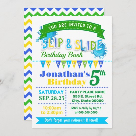 ススリップまたは滑ることライドの誕生日に、青い緑のパーティー 招待状 (正面/裏面)
