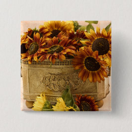 スズバスケットにオレンジ色のひまわり 缶バッジ