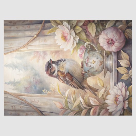 スズメのピンク色の牡丹が並ぶ、みすぼらしい夏の窓 薄葉紙 (正面)