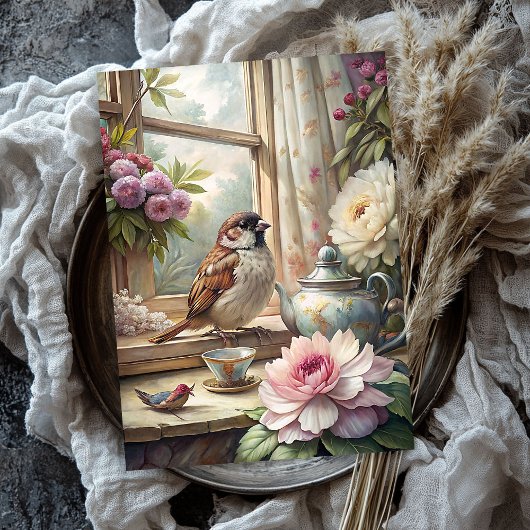 スズメのピンク色の牡丹が並ぶ、みすぼらしい夏の窓 薄葉紙