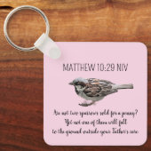スズメの鳥がバイブルの気に聖句をピンク色に変える キーホルダー (正面)