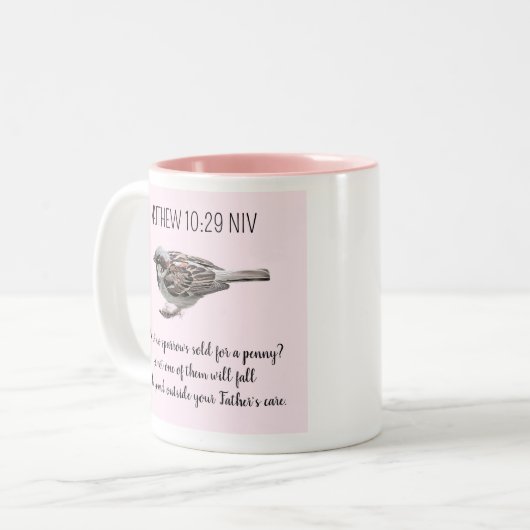 スズメの鳥がバイブルの気に聖句をピンク色に変える ツートーンマグカップ (正面左)