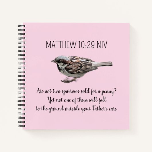 スズメの鳥がバイブルの気に聖句をピンク色に変える ノートブック (正面)