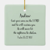 スズメの鳥が聖書の気に聖句を緑に変える セラミックオーナメント (裏面)