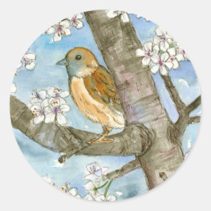 スズメの鳥花の木の水の色絵画の ラウンドシール