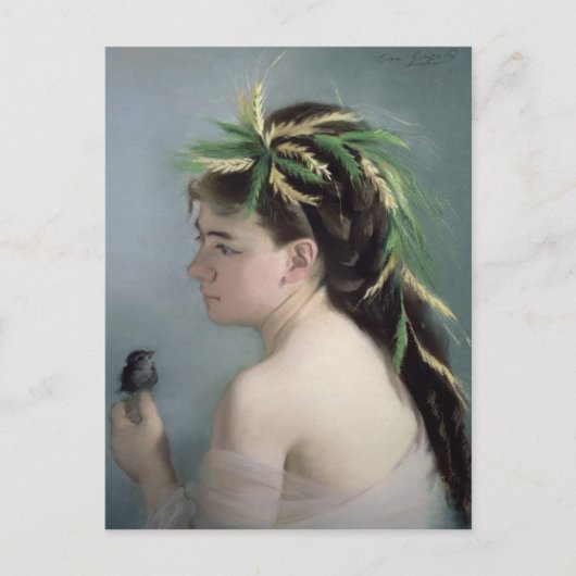 スズメを抱いている少女のポートレート ポストカード (正面)