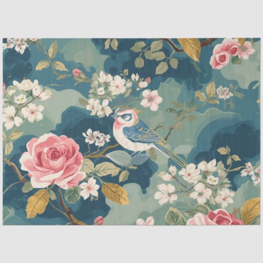 スズメ ピンク 白 花 絵画 デコパージュ 薄葉紙 (正面)
