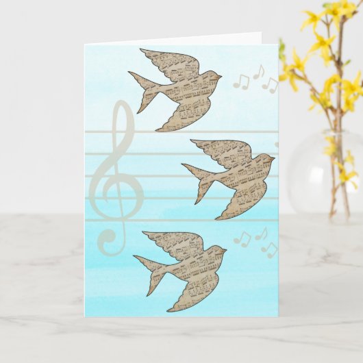 スズメ 鳥 音楽 青空 カード (黄色い花)