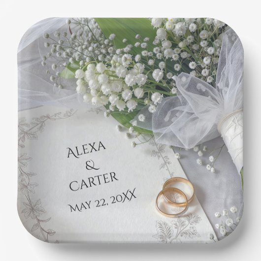スズランを使った結婚式のブーケと指輪 ペーパープレート (正面)
