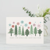 スタイライズされたクリスマスツリーと雪の結晶 シーズンカード (スタンド正面)