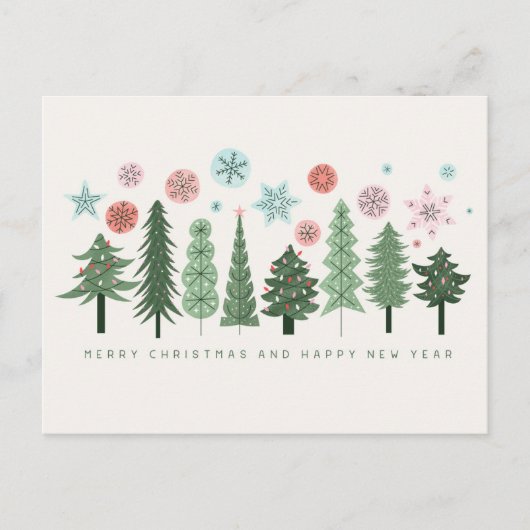 スタイライズされたクリスマスツリーと雪の結晶 シーズンポストカード (正面)