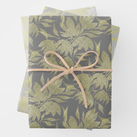 スタイライズされた花のアートデコ ゴールドとグレー ラッピングペーパーシート (インサイチュ)