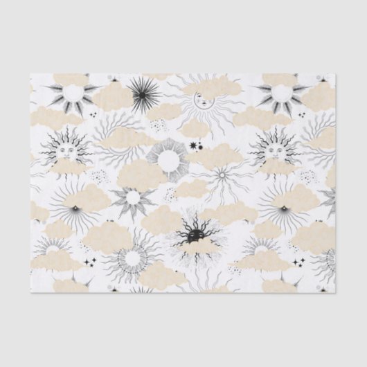 スタイライズされた黒い太陽がテクスチャの入った淡い茶色の雲の後ろに 薄葉紙 (正面)