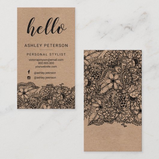 スタイリストの黒のこんにちは花のクラフトのタイポグラフィ 名刺 (正面/裏面)