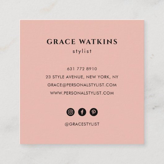 スタイリストモダンミニマルなピンクブラックデザイナー スクエア名刺 (裏面)