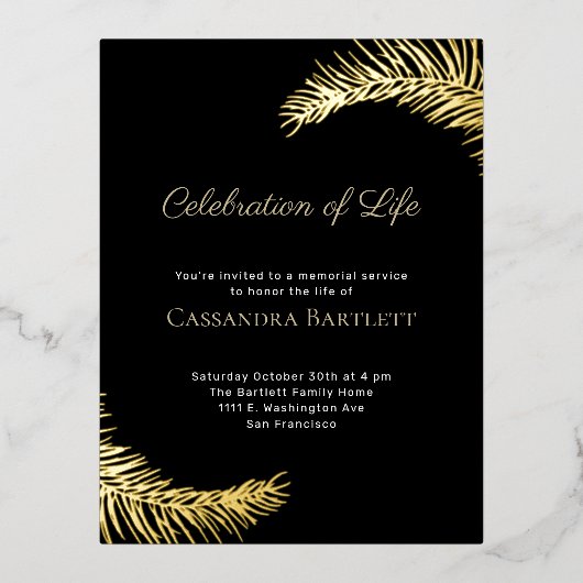 スタイリッシュお祝い・オブ・ライフ・ブラック金ゴールド葉 箔招待状ポストカード (正面)