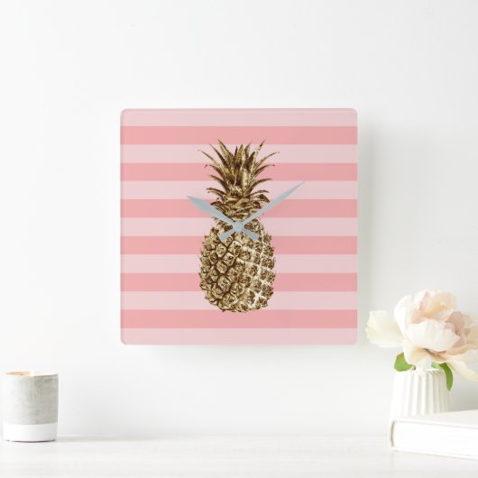 スタイリッシュかわいらしガーリー金ゴールドパイナップル&ピンクストライプク スクエア壁時計 (ホーム)