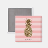 スタイリッシュかわいらしガーリー金ゴールドパイナップル&ピンクストライプク マグネット (正面/裏面)