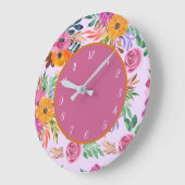 スタイリッシュかわいらしフローラピンク橙黄色の花 ラージ壁時計 (傾斜)