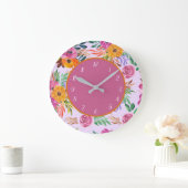 スタイリッシュかわいらしフローラピンク橙黄色の花 ラージ壁時計 (ホーム)