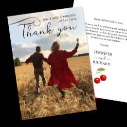 スタイリッシュさくらんぼ結婚の写真と黒の書道 サンキューカード