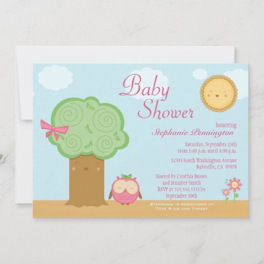 スタイリッシュでかわいいかわいいの木のフクロウのベビーシャワーの招待 招待状 (正面)