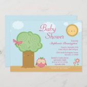 スタイリッシュでかわいいかわいいの木のフクロウのベビーシャワーの招待 招待状 (正面/裏面)