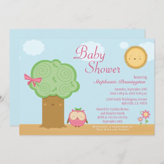 スタイリッシュでかわいいかわいいの木のフクロウのベビーシャワーの招待 招待状 (正面/裏面)