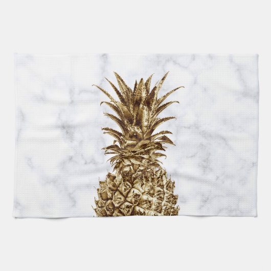 スタイリッシュでかわいらしくガーリーな金ゴールド及び白い大理石のパイナップル キッチンタオル (横)