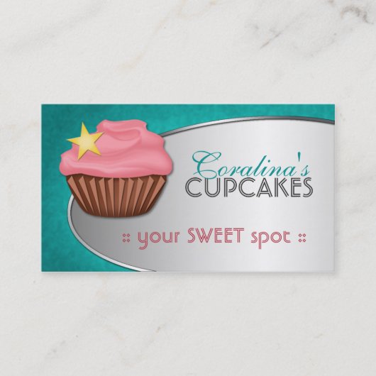 スタイリッシュですてきなティール（緑がかった色）及びピンクのカップケーキの名刺 名刺 (正面)