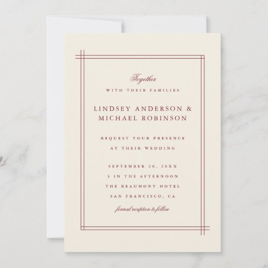 スタイリッシュでエレガントなバーガンディ及び真珠色のアイボリーの結婚式 招待状 (正面)