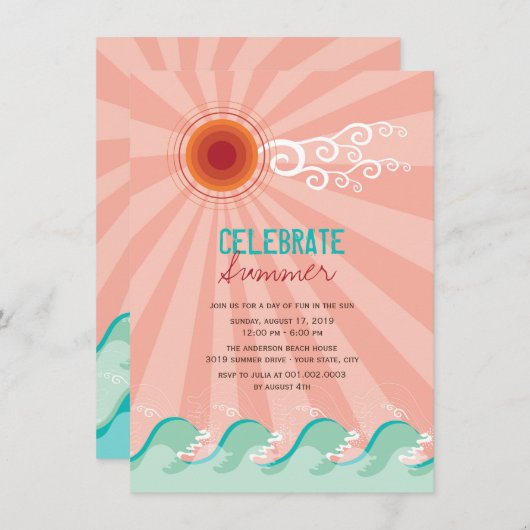 スタイリッシュでクールな波のピンクの日曜日の夏のパーティーの招待 招待状 (正面/裏面)