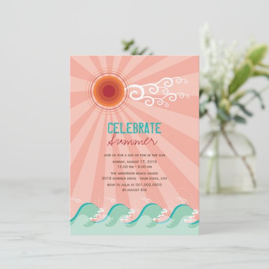 スタイリッシュでクールな波のピンクの日曜日の夏のパーティーの招待 招待状 (スタンド正面)
