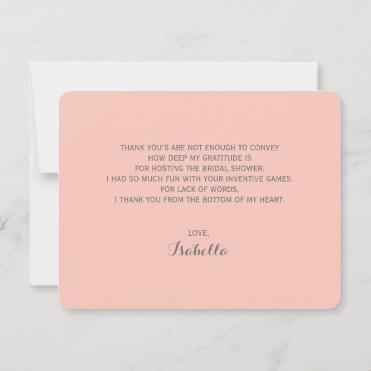 スタイリッシュでシックな婚礼衣裳のブライダルシャワーは感謝していしています 招待状 (裏面)