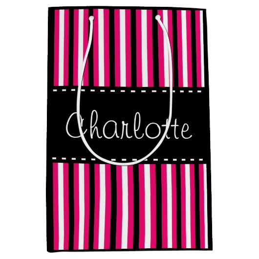 スタイリッシュでパーソナライズな白黒のピンクのストライプ ミディアムペーパーバッグ (正面)