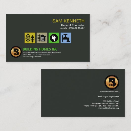 スタイリッシュでモダンでエレガントな緑の建築業者のプラカード 名刺 (正面/裏面)