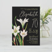 スタイリッシュで上品な黒と白のユリの花の70歳の誕生日フラワー 招待状 (スタンド正面)