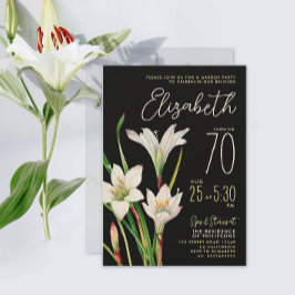 スタイリッシュで上品な黒と白のユリの花の70歳の誕生日フラワー 招待状